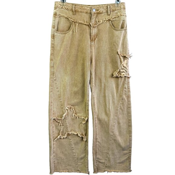 Wide Leg Star Cutout Jeans High Waist Distressed Frayed Hem Beige Size L (32) - Picture 1 of 11